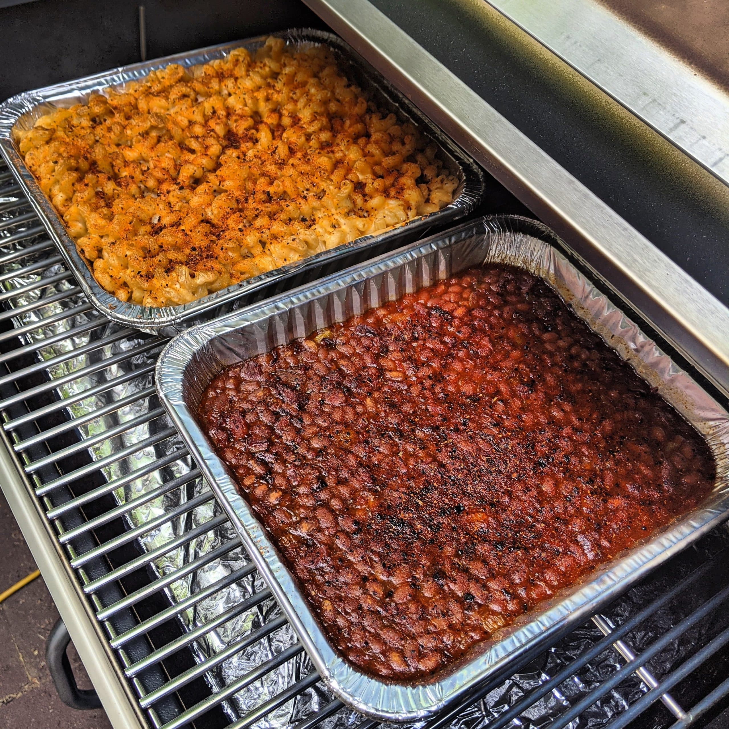 4 cheese mac and cheese and chopped brisket BBQ baked beans on the ...