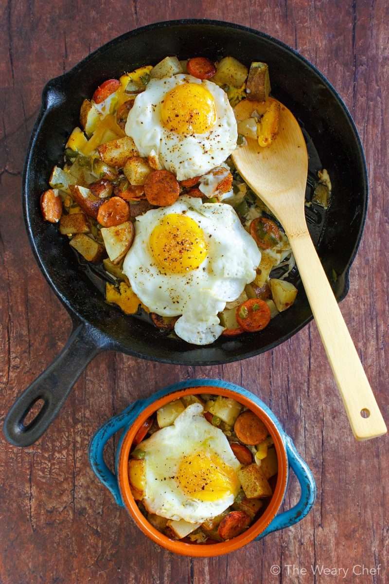 Baked Eggs over Roasted Potatoes and Sausage
