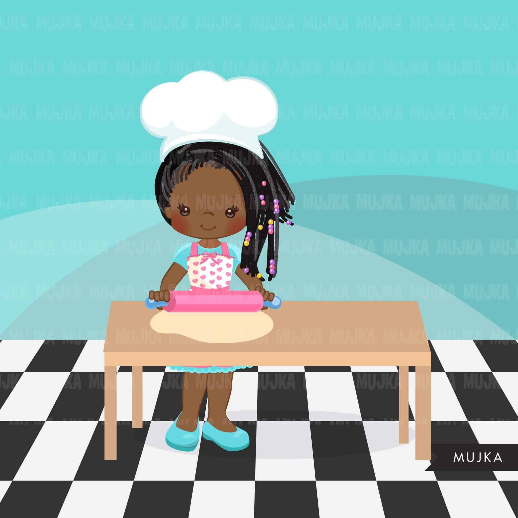 Baking Clipart, Cute black afro baker girl characters, kitchen chores ...