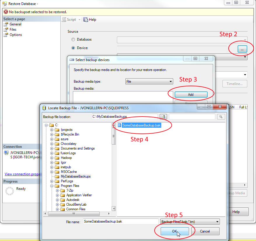 How to import a bak file into SQL Server Express