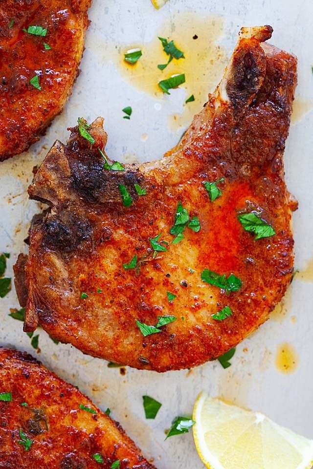 Top down picture of easy 4 ingredient oven baked pork ...